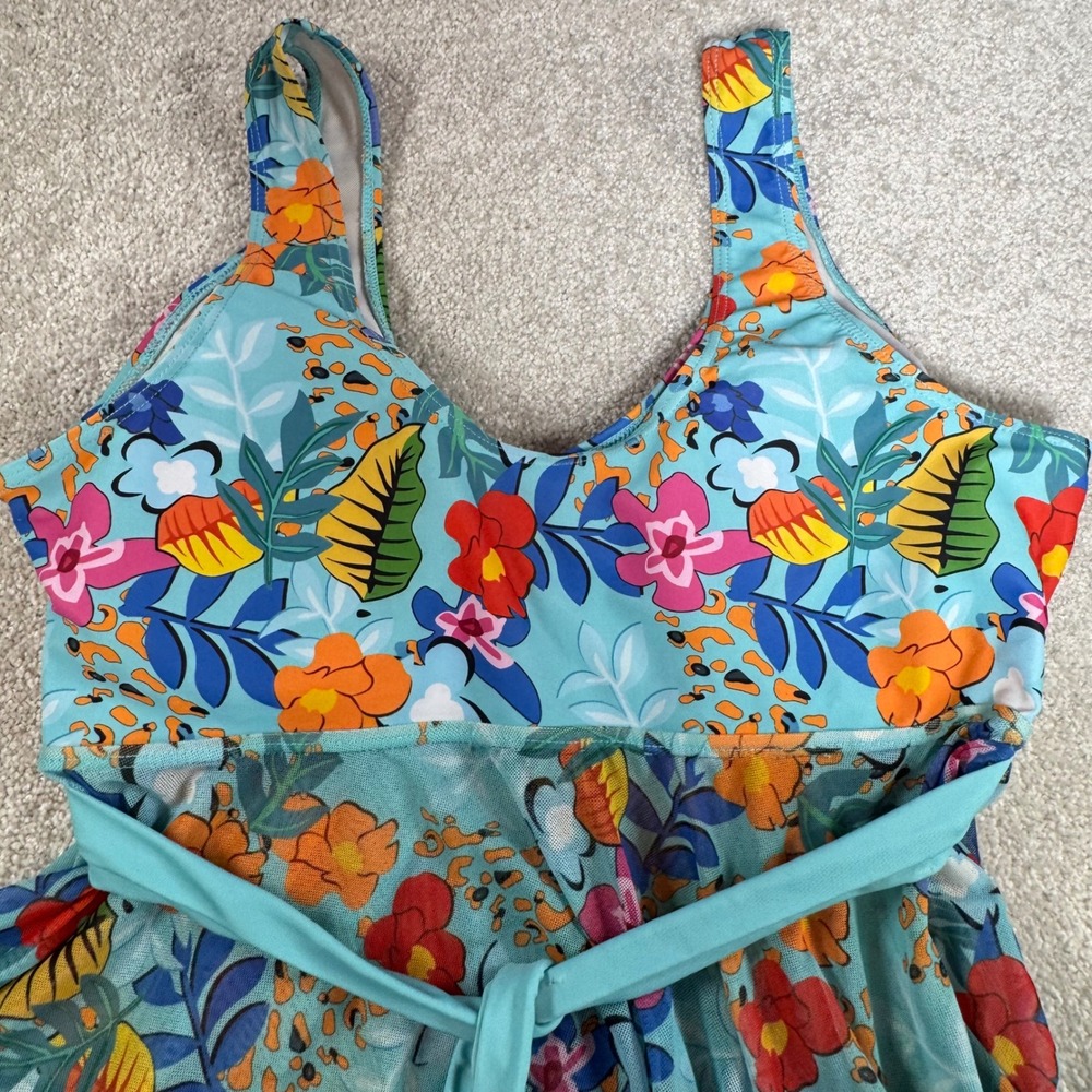 Tropicalβ Floral Mesh Swimdress TOP ONLY Blue Orange V-Neck 0XL Padded